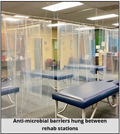 Anti-microbial barriers hung between rehab stations