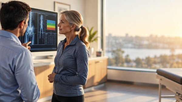 In an office setting, a man and woman engage with a computer screen, discussing information displayed on it.