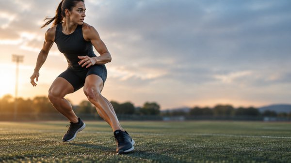 A woman running on a grassy field during a vibrant sunset, with warm colors illuminating the sky.