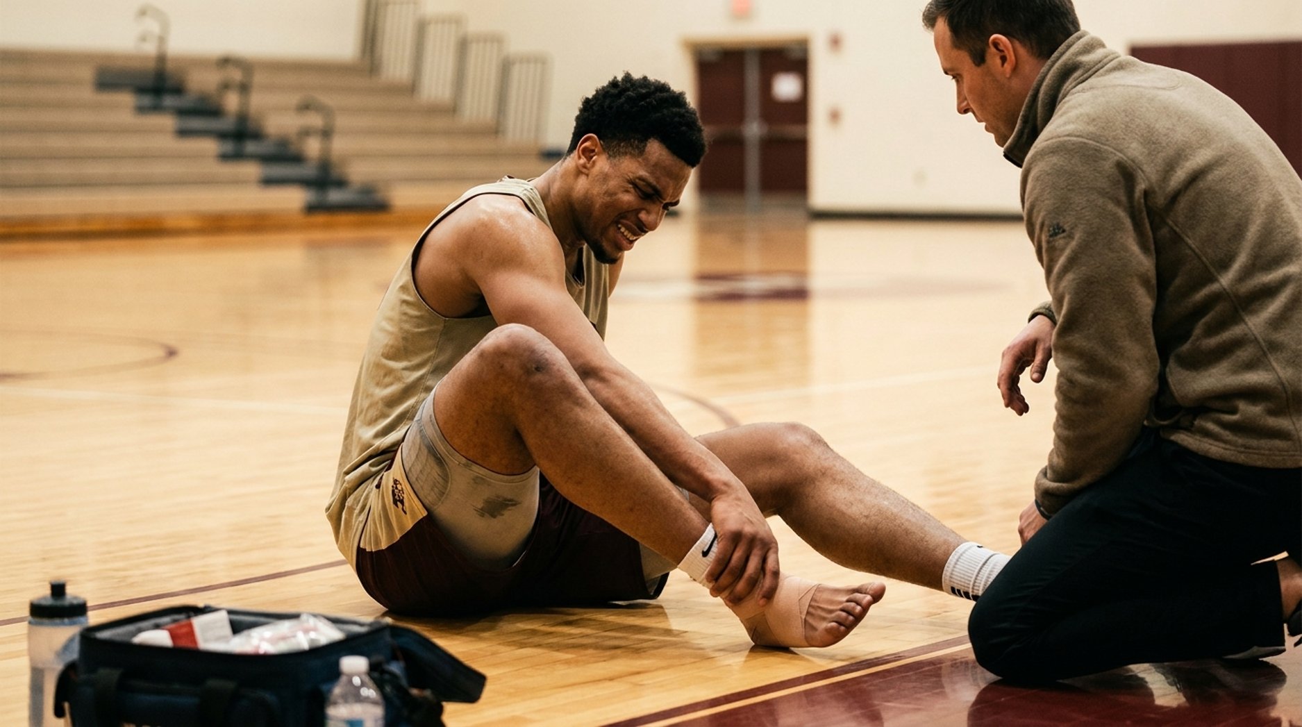 Basketball player sits on the court holding an injured ankle while a trainer kneels beside him.