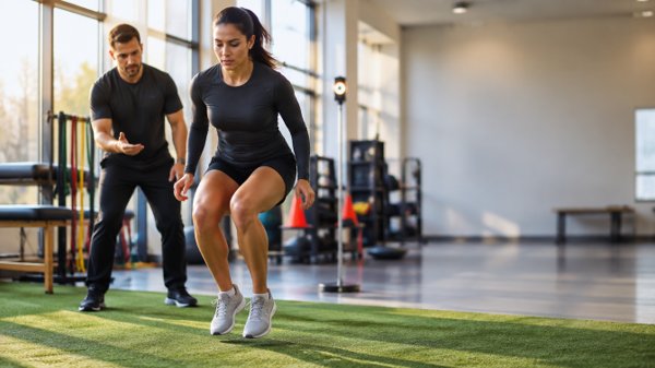  A man and woman performing squats together in a gym, focusing on their form and technique.