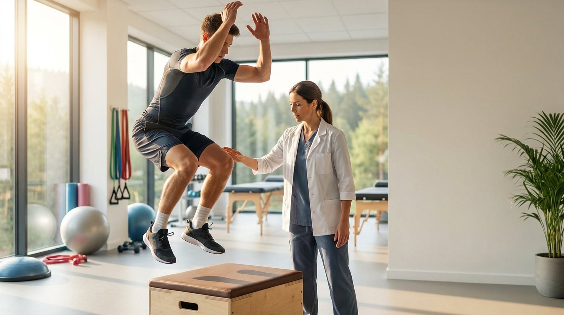 jumping man in front of doctor