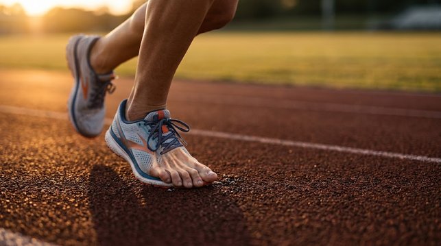Sportsman in comfortable sneakers running along red rubberized track on urban ground skilled jogger in activewear exercising at outdoor stadium closeup