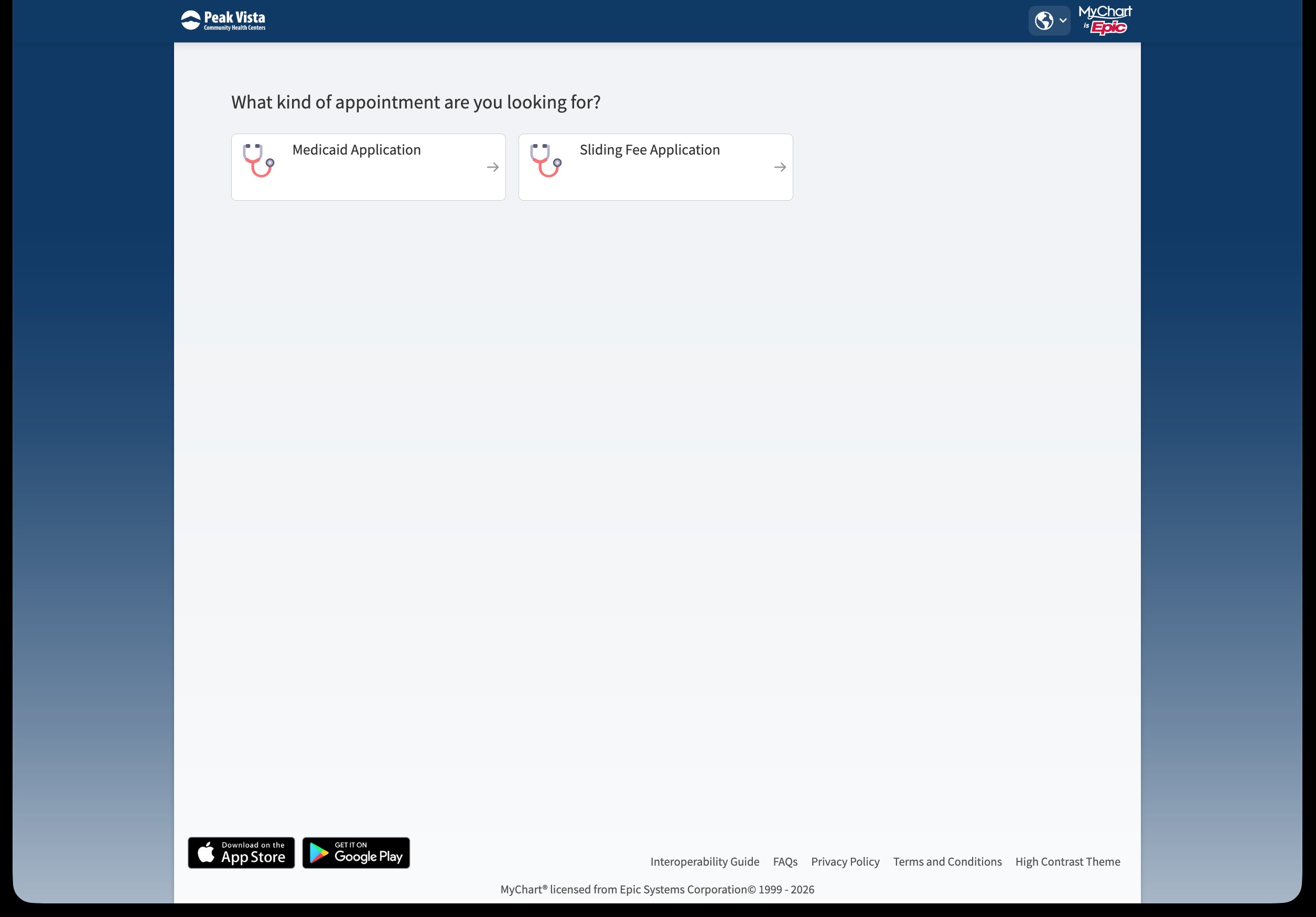 MyChart screen asking what kind of appointment the user is looking for, with Medicaid Application and Sliding Fee Application choices.