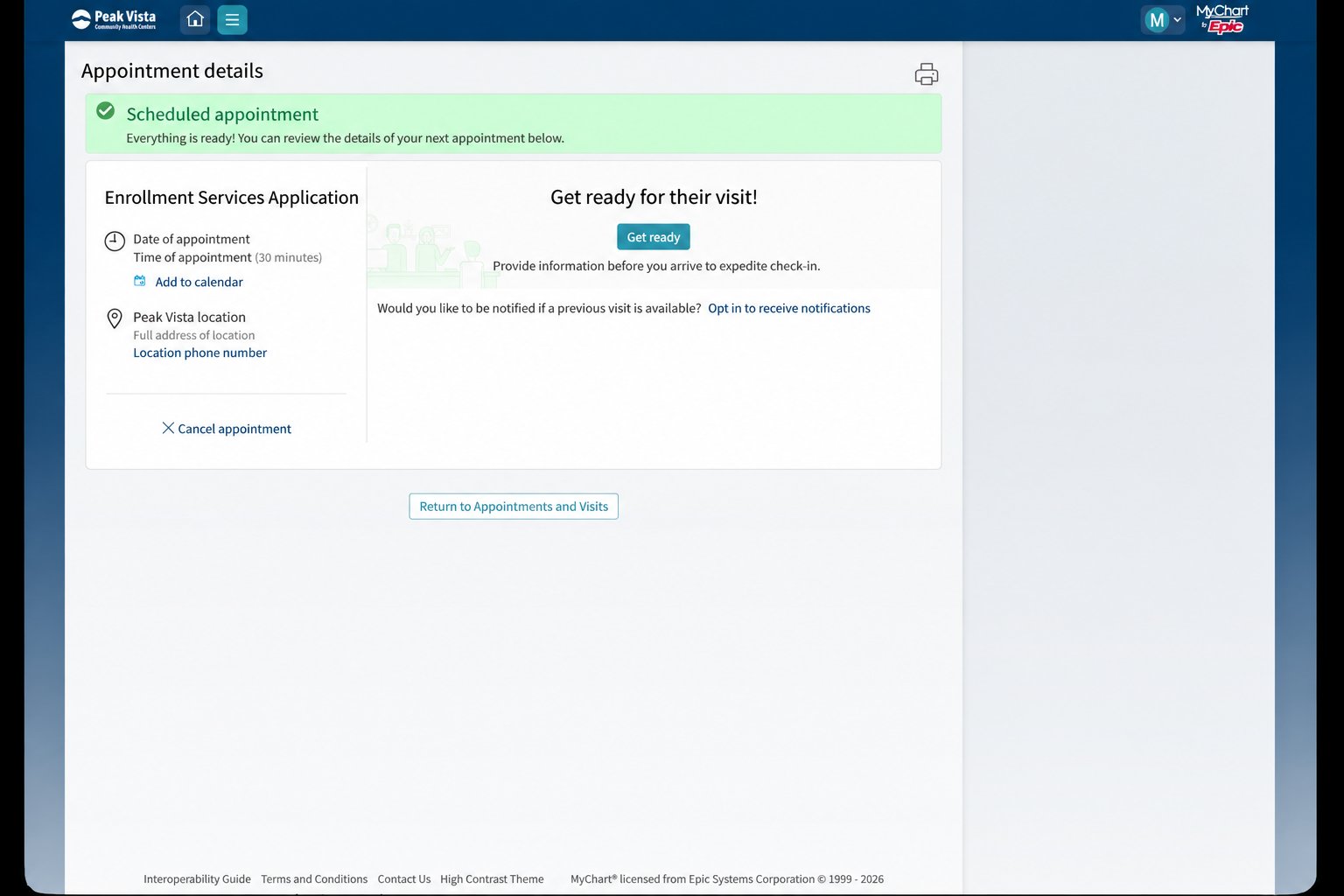 MyChart Appointment Details screen with a green Scheduled appointment confirmation message.