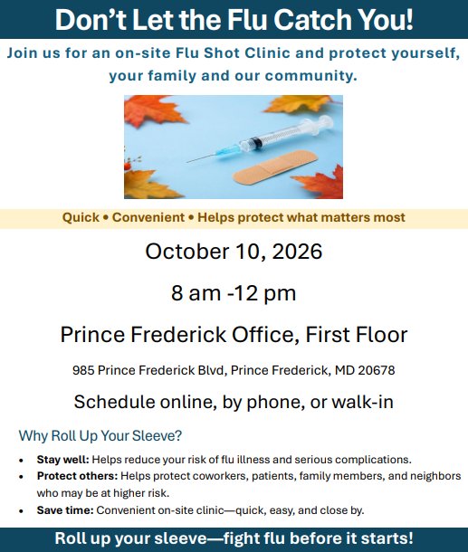 Join us for an on-site flu shot clinic and protect yourself, your family, and our community. October 10, 2026, 8am to 12pm