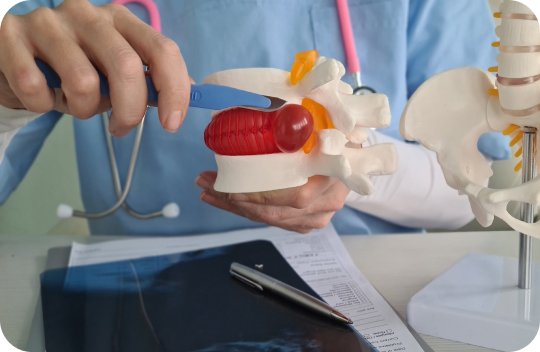 Doctor holding a model of a spine