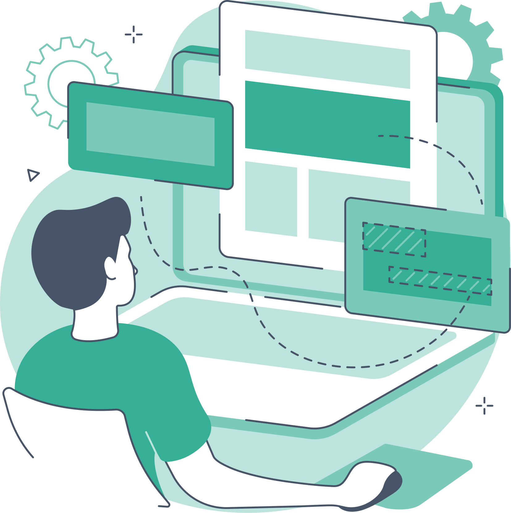 Illustration of a man arranging content on a page
