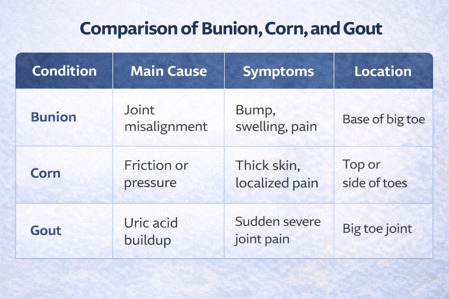 Bunion vs Corn vs Gout: A Comparative Study