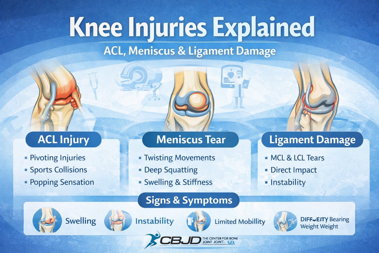 Learn about the most common knee injuries, including ACL tears, meniscus damage, and ligament injuries.