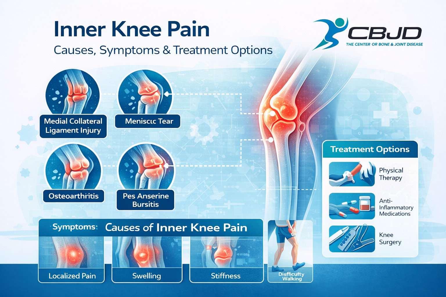 Understand what causes inner knee pain, common symptoms, and treatment options for ligament injuries and cartilage damage.