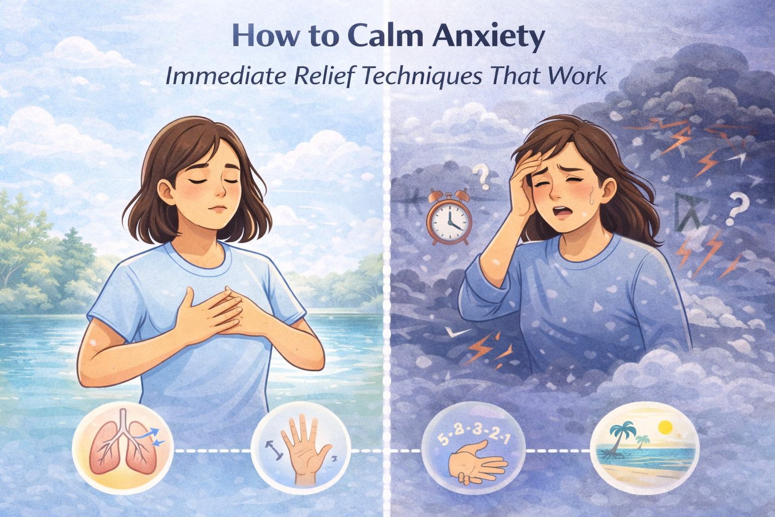 Learn effective techniques to calm anxiety quickly, including breathing exercises and grounding strategies.