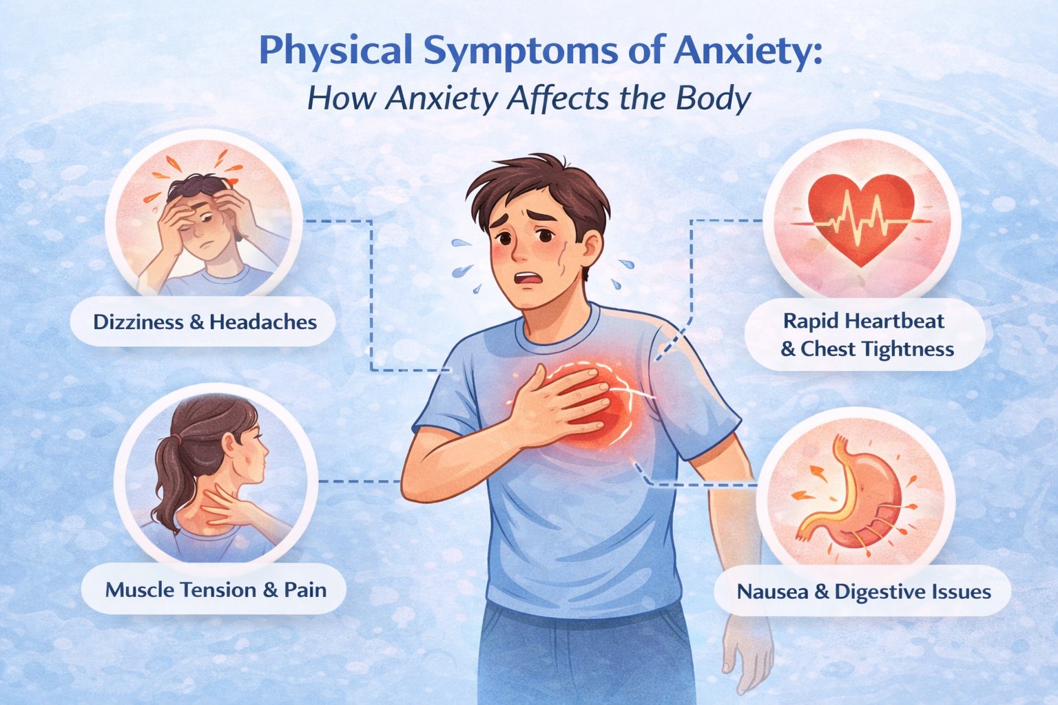 Explore how anxiety affects the body, including physical symptoms like chest pain, fatigue, and dizziness.