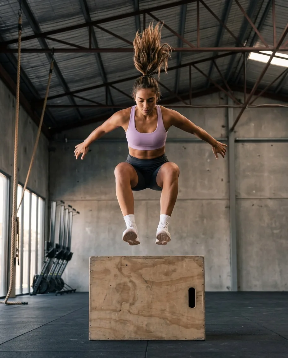 Mujer saltando a un cajón de gimnasio con top Curve Lavender y shorts Ash de TRECE