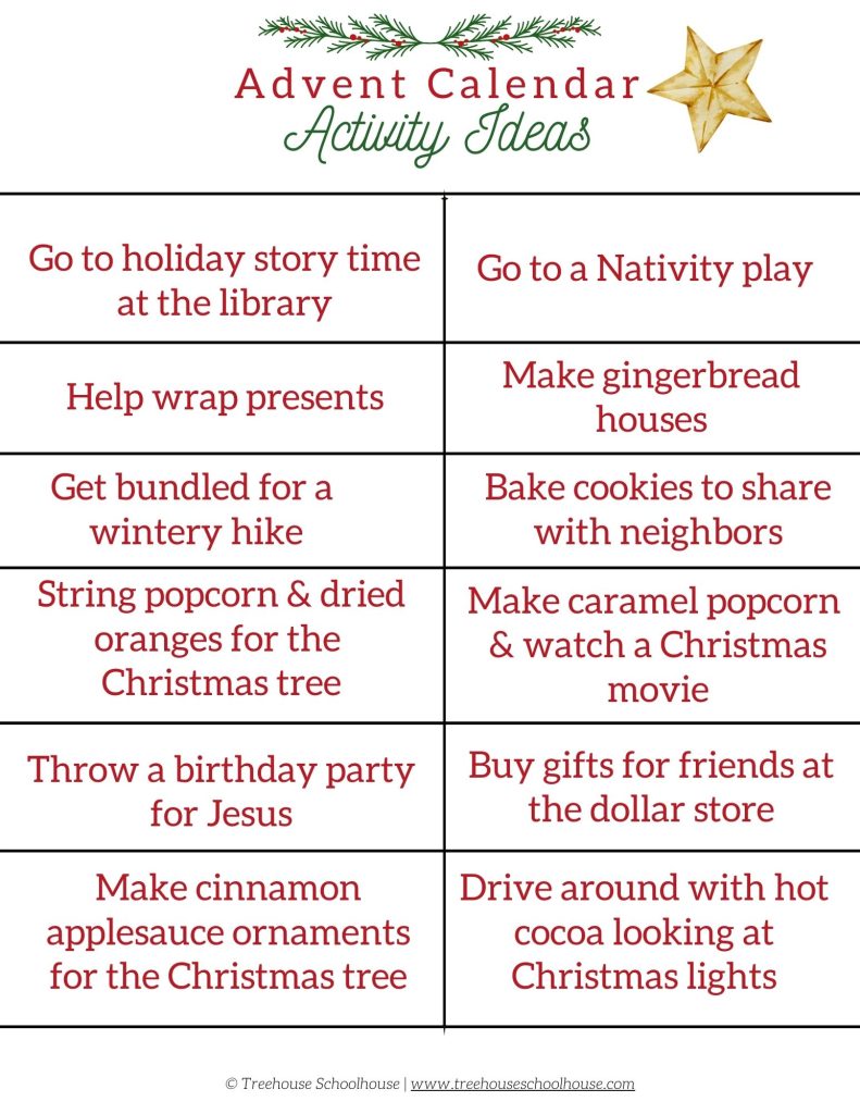 Advent Calendar Activity Ideas for Families [Free Printable PDF] | Treehouse Schoolhouse Blog | Home Education • Motherhood • Homemaking