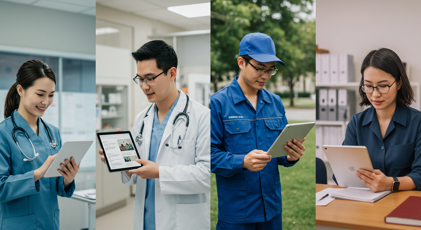 Cross-industry mobile technology applications spanning healthcare, retail, field services, and educational environments