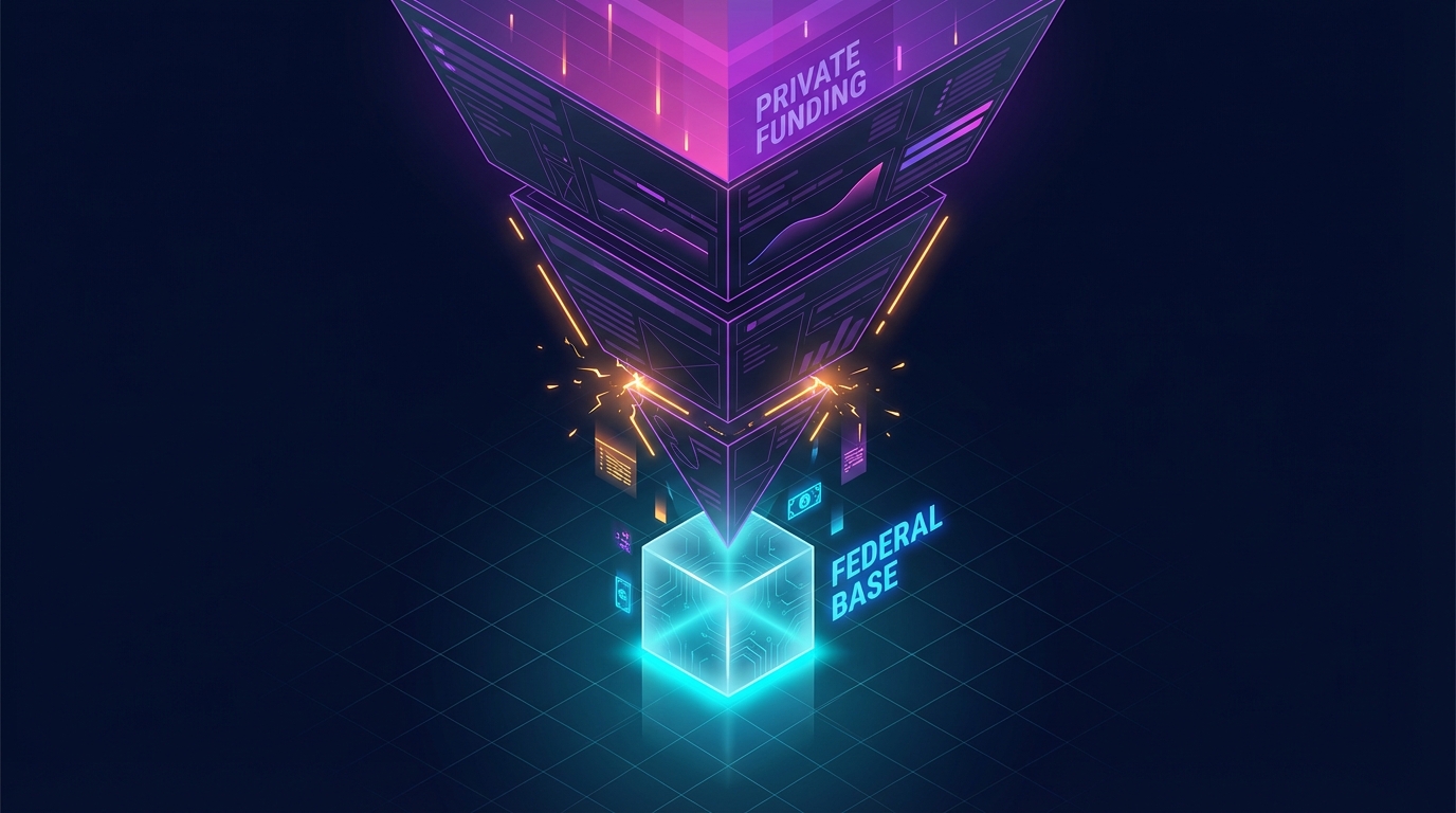 A diagram showing a small 'federal' block supporting a massive inverted pyramid of 'private' funding