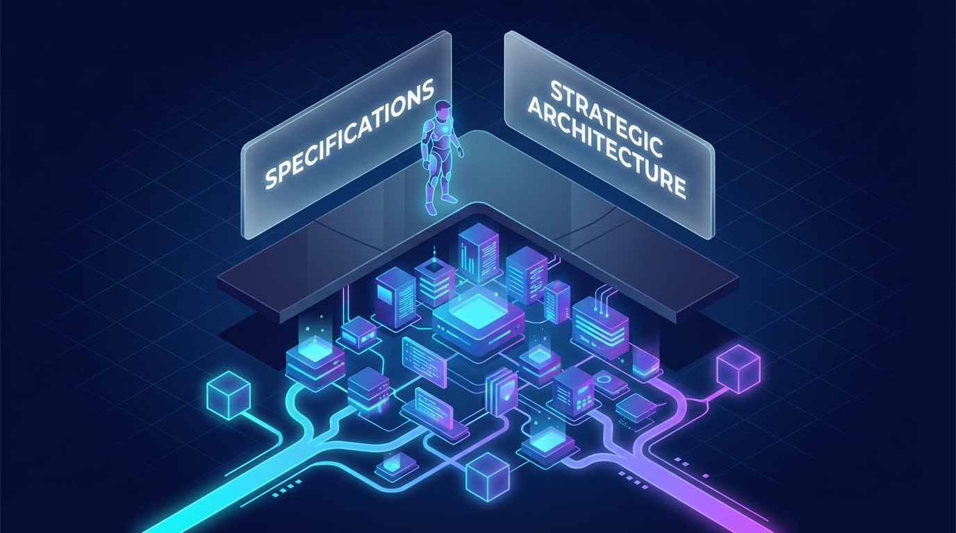 A human architect overseeing a complex network of glowing, autonomous digital nodes