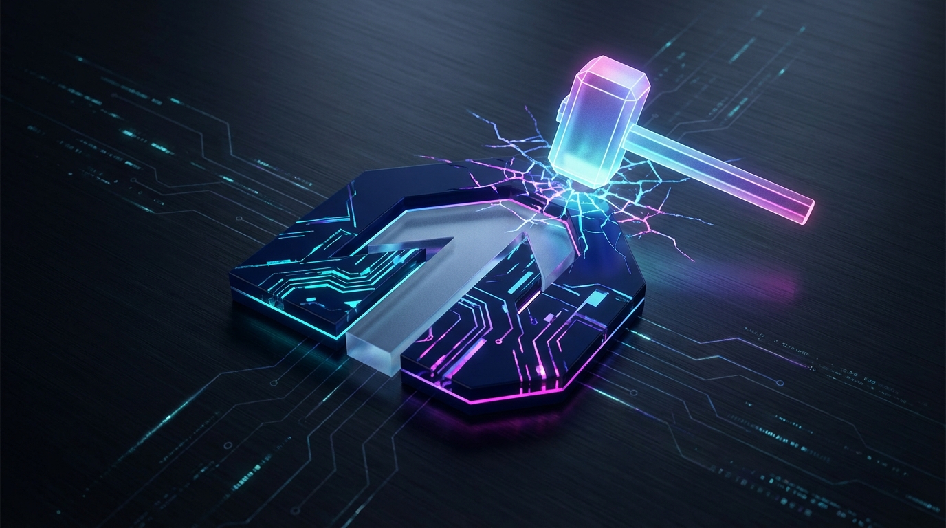 A pristine corporate logo cracking like glass under a digital hammer