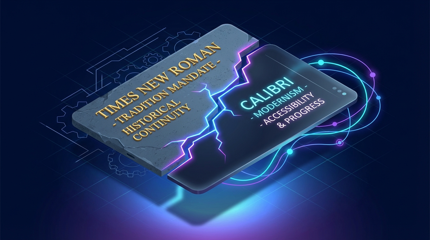 A split screen showing a document; one side is Serif/Formal/Stone, the other is Sans/Modern/Digital, representing the ideological divide