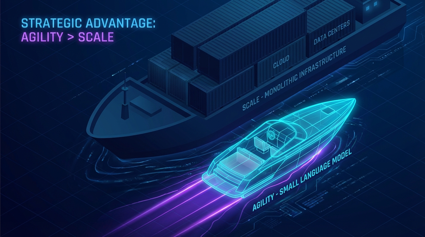 A sleek speedboat outpacing a massive, slow cargo ship