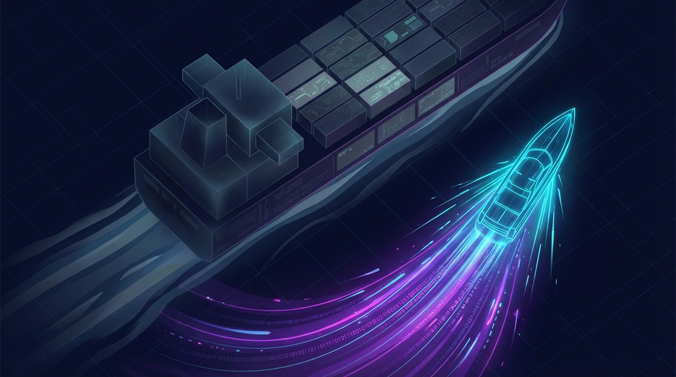 A sleek speedboat outmaneuvering a massive, slow-moving cargo ship