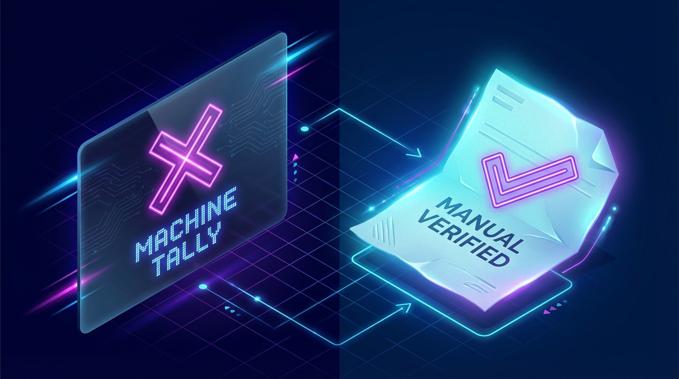 A split screen showing a digital red "X" transforming into a green checkmark on a paper ballot