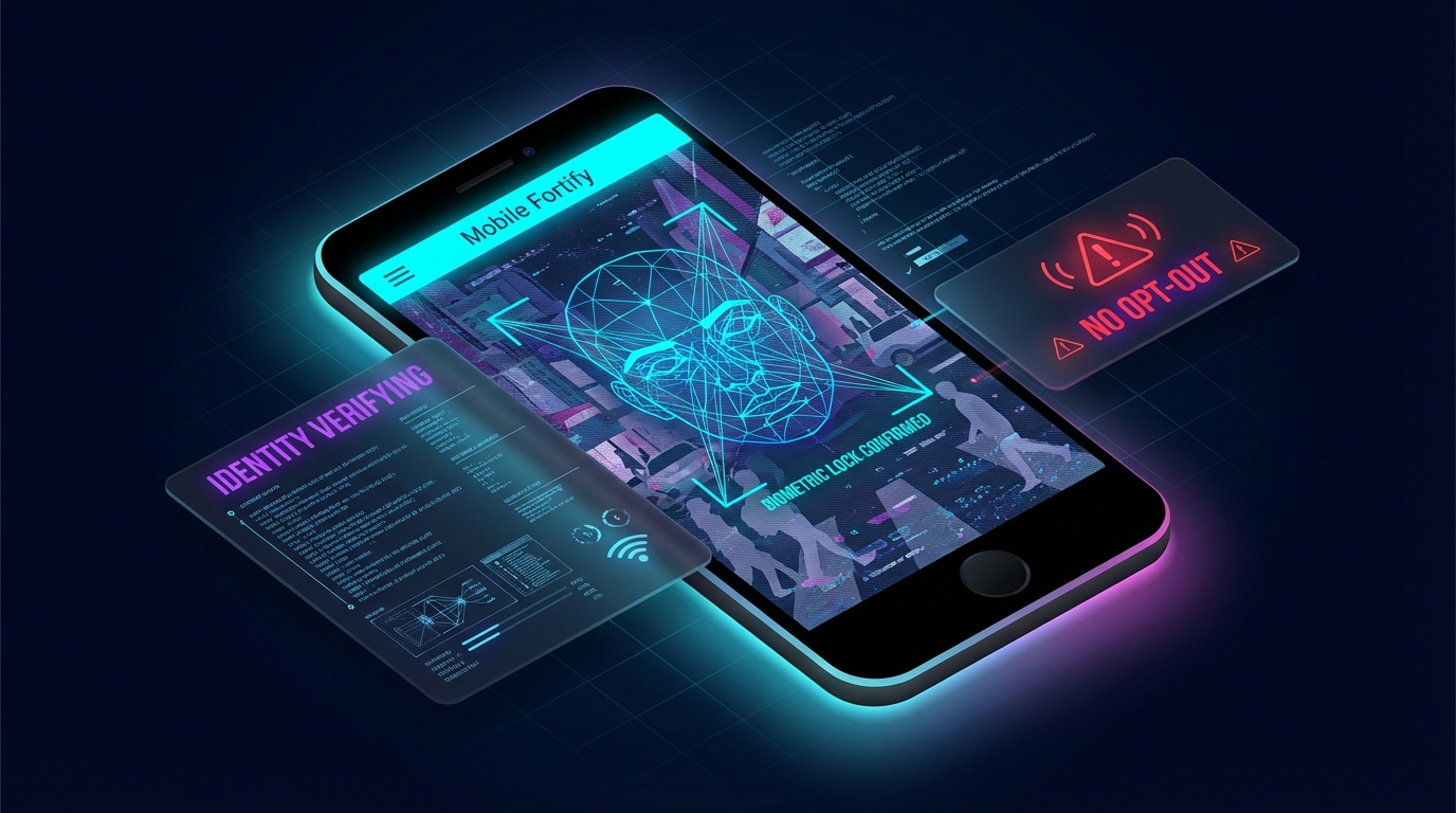 A smartphone screen displaying a facial scan grid overlaid on a chaotic street scene