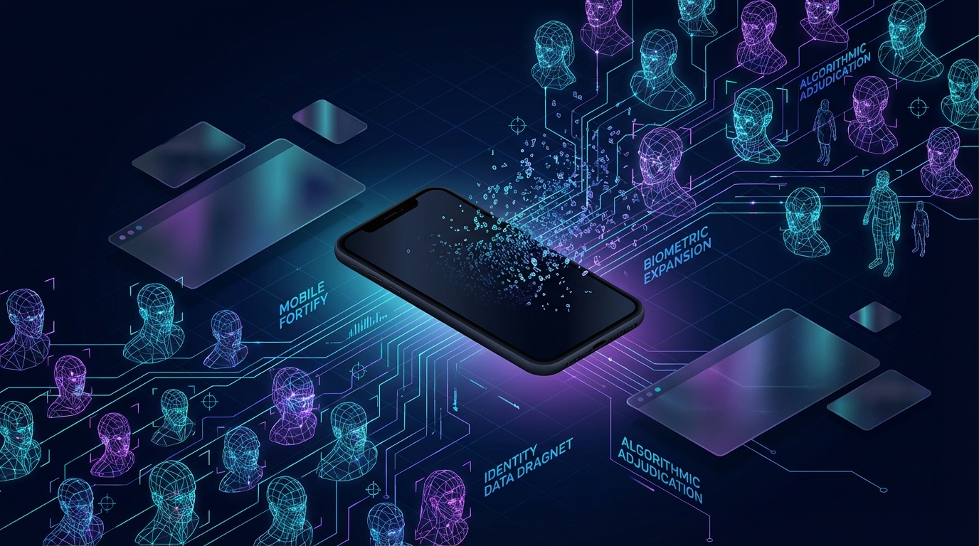 A smartphone screen dissolving into a vast, complex wireframe network of faces