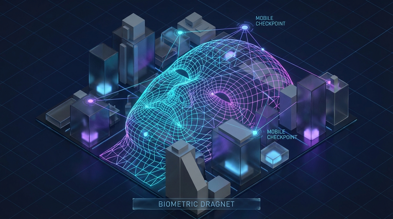 A digital wireframe mesh expanding across a chaotic city map