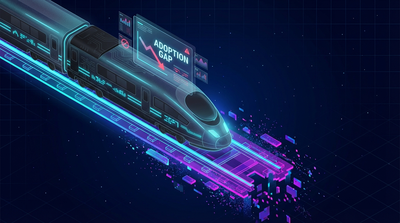 A high-speed train stuck on rusty, broken tracks