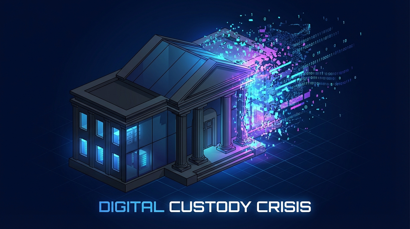 A stone archive building digitizing into glitching binary code