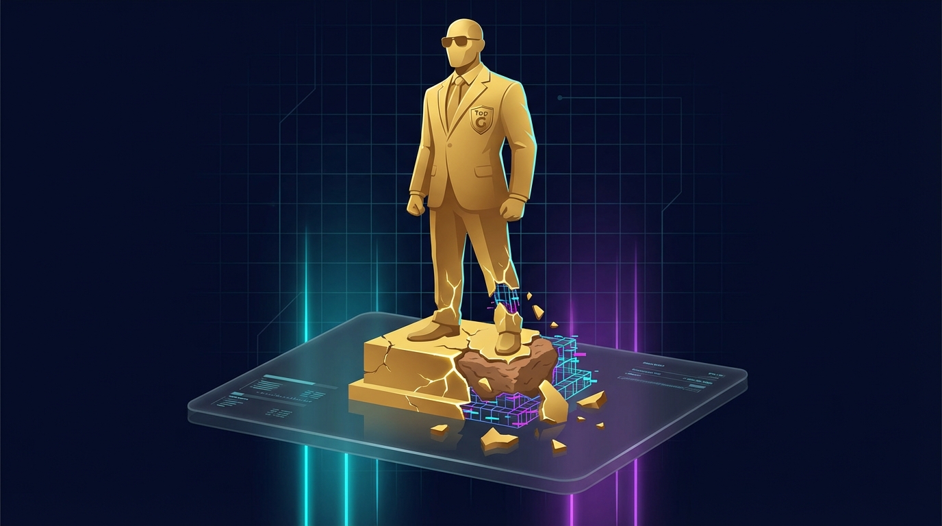 A golden statue cracking at the base, revealing raw clay underneath