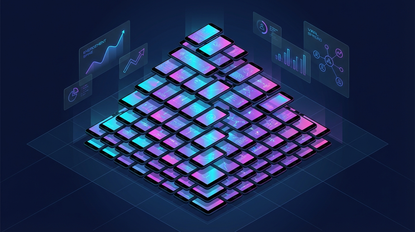 A digital pyramid structure composed of thousands of glowing smartphone screens