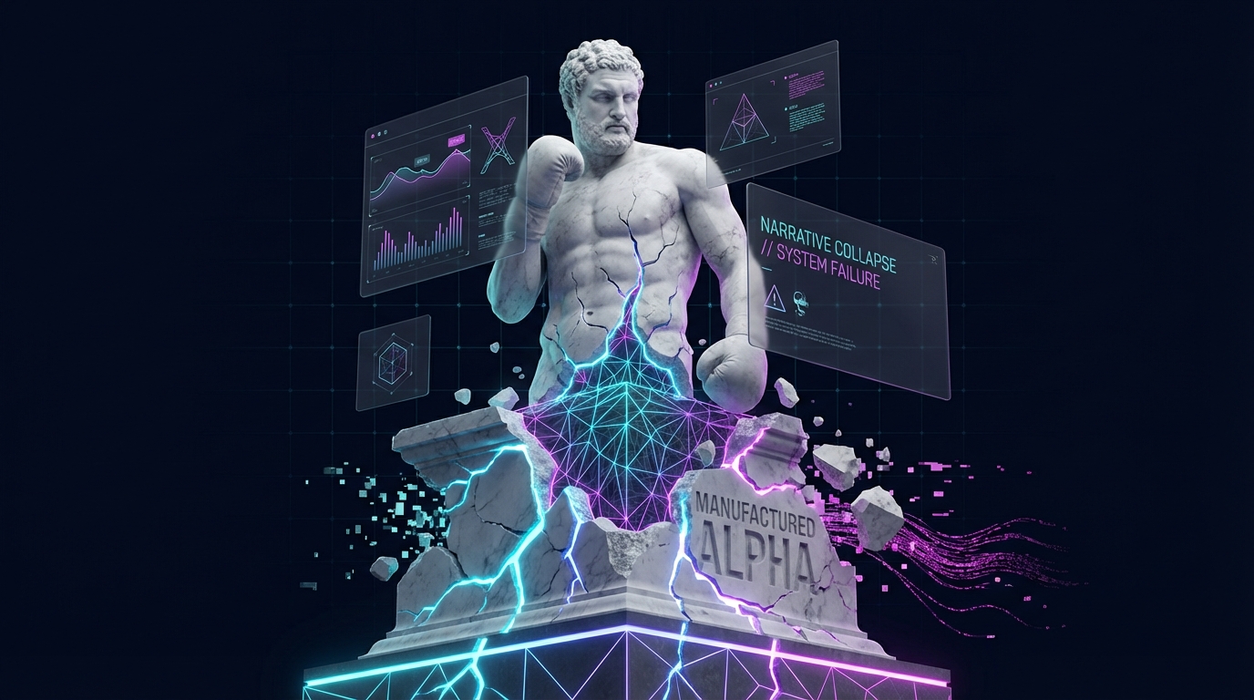 A marble statue of a boxer developing large, glowing cracks from the base upward