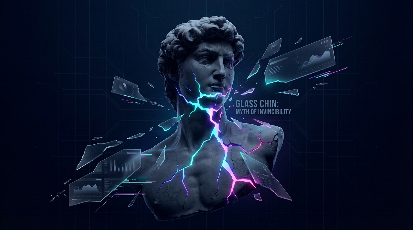 A marble statue of a boxer developing deep, glowing structural cracks