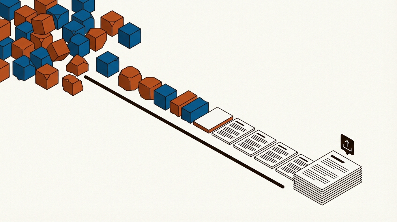 A digital assembly line turning raw data blocks into polished glowing articles