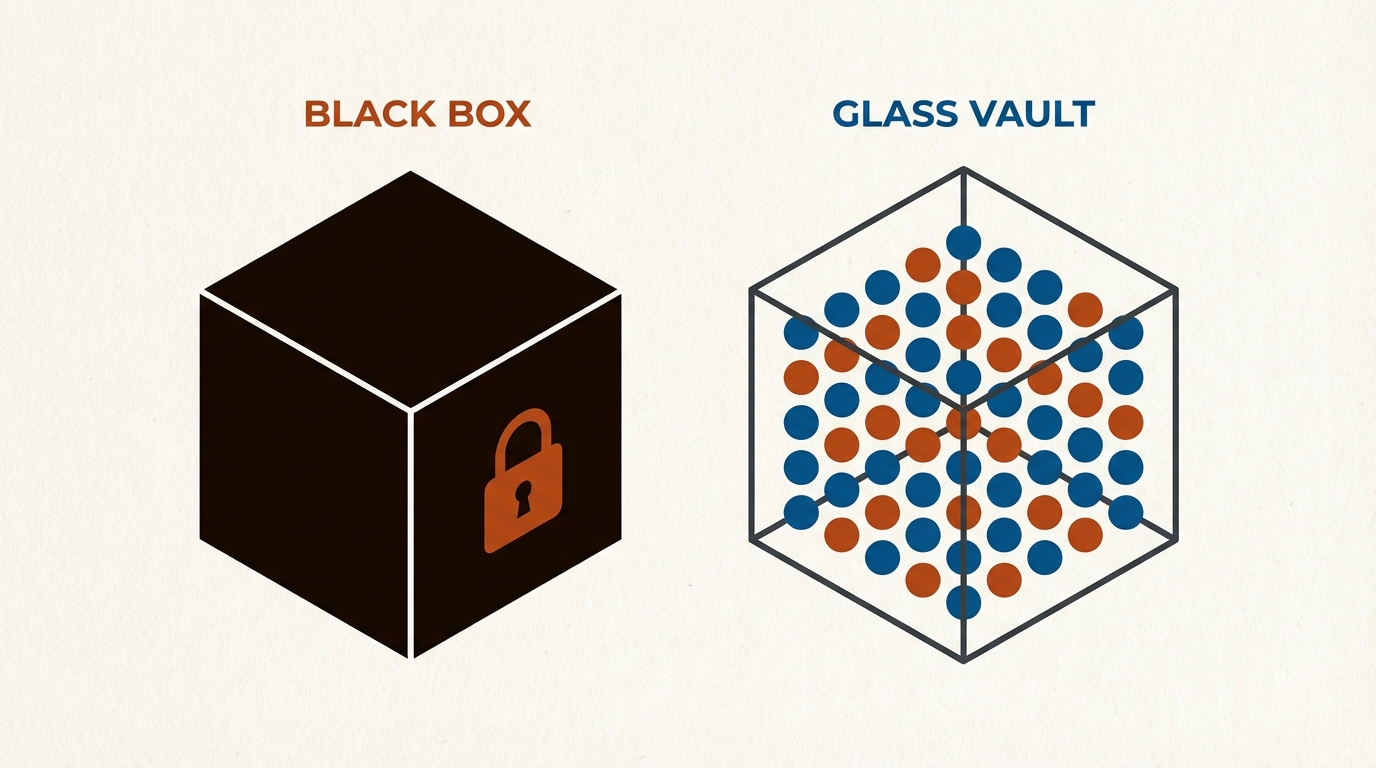 A glass vault revealing organized data contrasted against a locked black box
