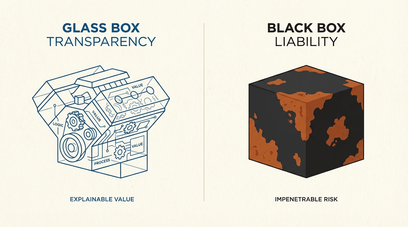 A split screen showing a transparent glass engine vs a rusted metal box