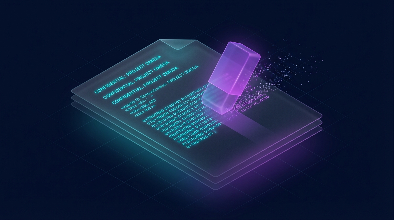 A digital eraser physically removing binary code from a document structure