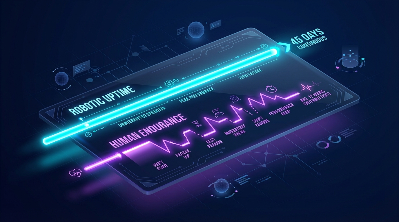 A diagram overlay comparing human soldier endurance vs robotic platform uptime
