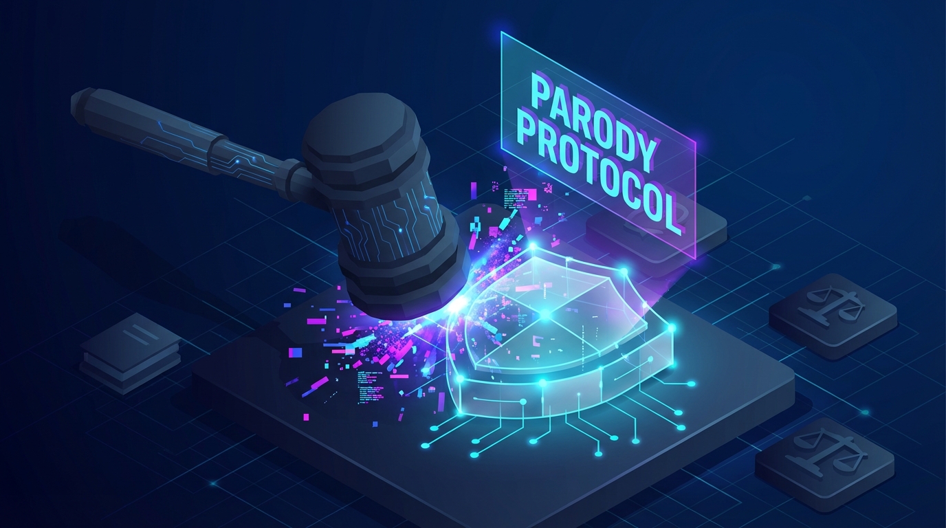 A small digital shield deflecting a massive legal gavel