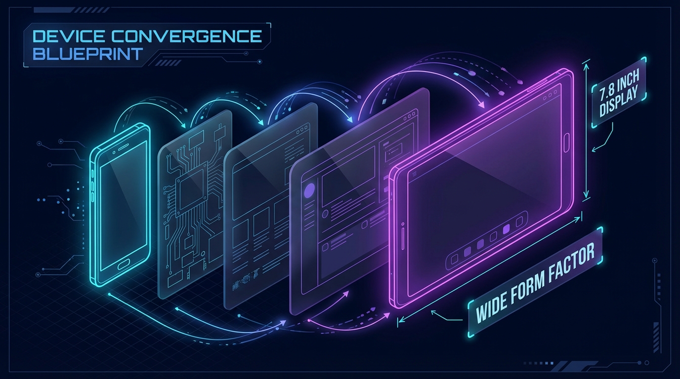 A digital blueprint showing a phone silhouette morphing into a tablet silhouette