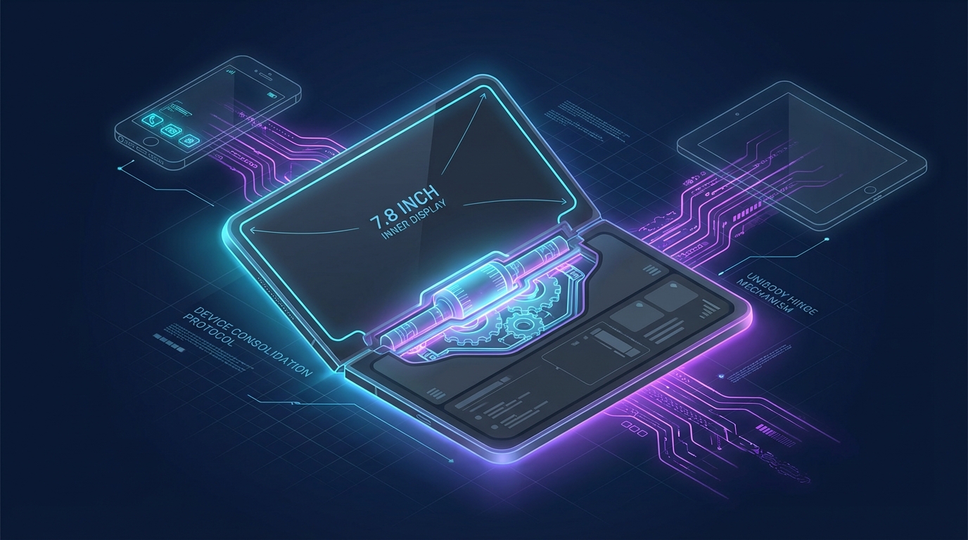 A blueprint merging a tablet and phone into a single glowing geometric form