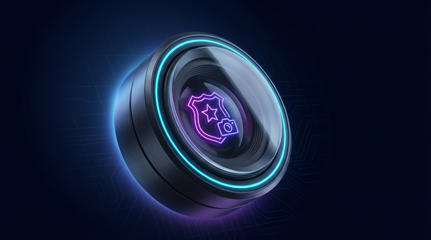 A smartphone camera lens clearly reflecting a police badge