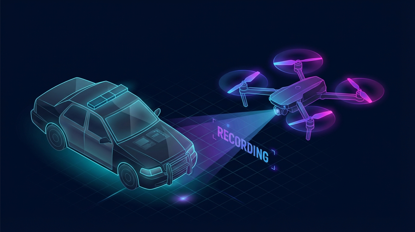 A consumer drone hovering at eye level with a police cruiser