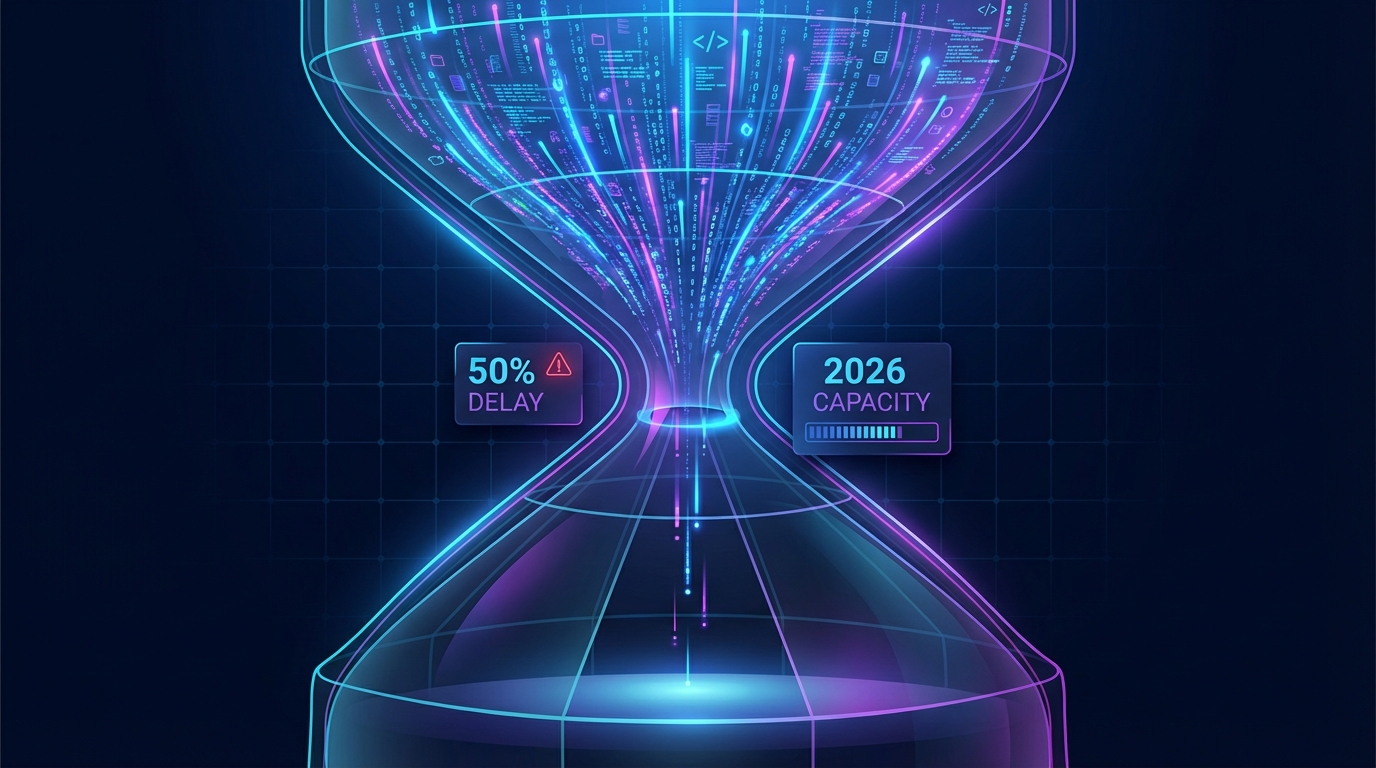 A massive glass hourglass choking the flow of glowing digital data