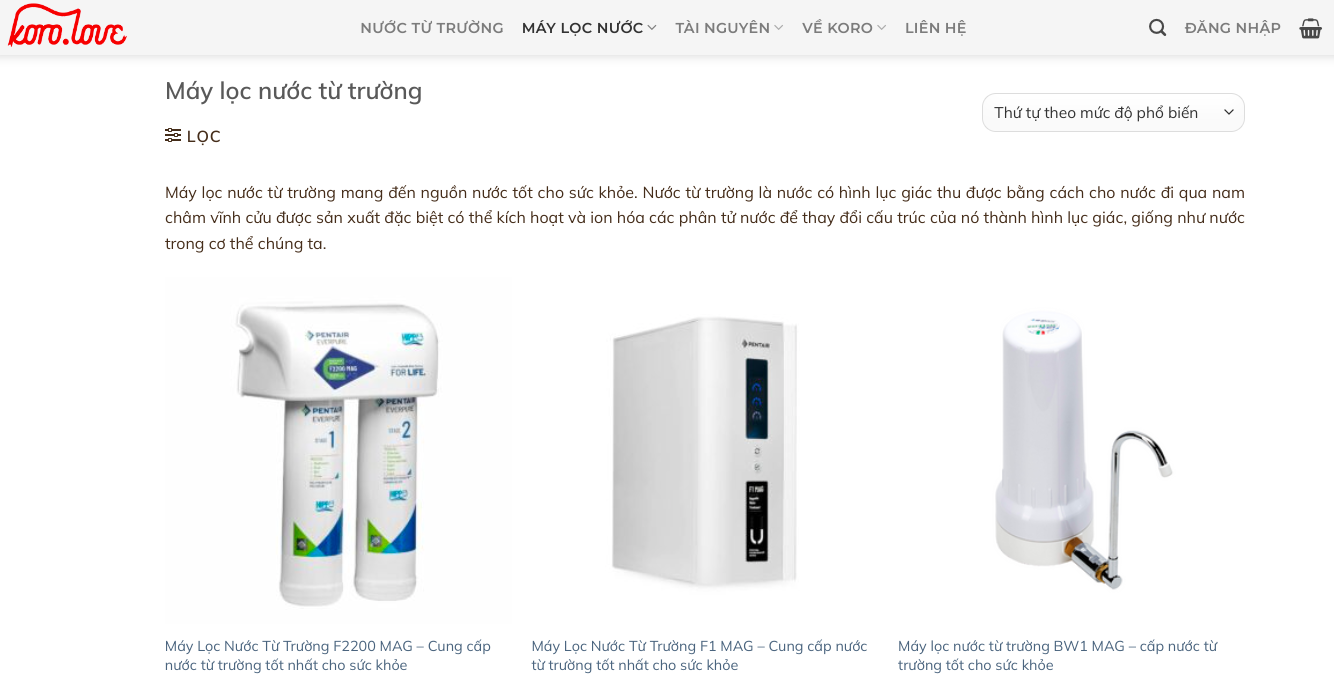 Một số dòng máy lọc nước từ trường có sẵn trên trang web của Koro (Ảnh chụp màn hình). 