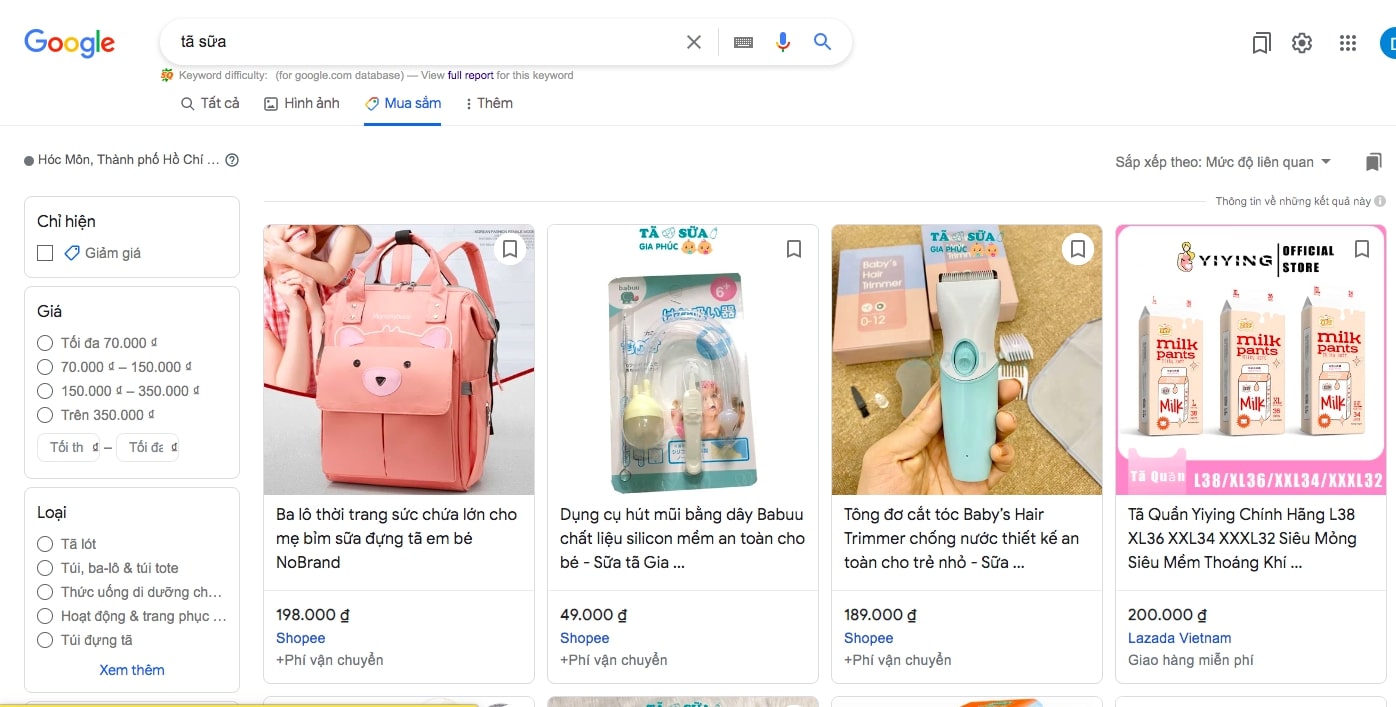 Google hiện tại đã hiển thị mục mua sắm, giúp người dùng dễ dàng tìm kiếm sản phẩm mong muốn (Ảnh chụp màn hình).