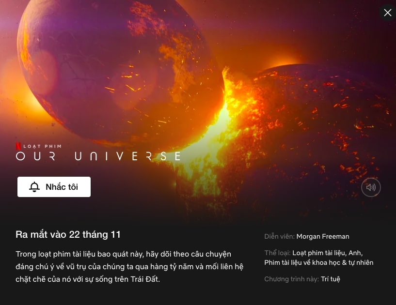 Phim tài liệu “Our Universe” với sự góp mặt của Morgan Freeman trên Netflix (Ảnh chụp màn hình).